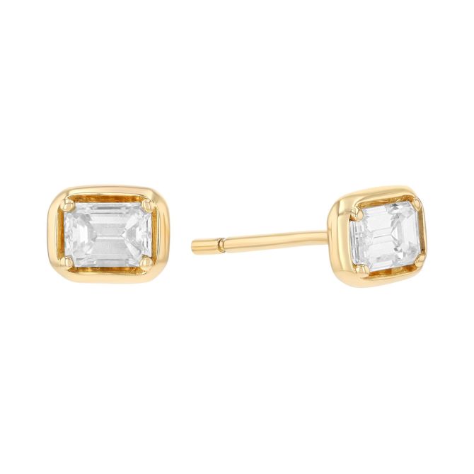 Emerald Cut Diamond Stud Earrings in Yellow Gold, 0.49 cttw