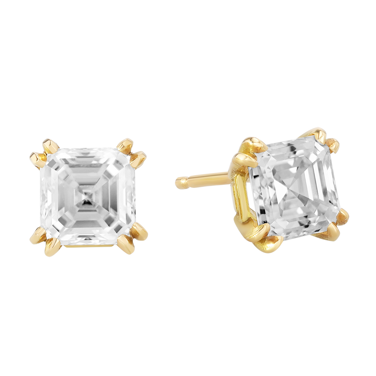 Asscher Cut Diamond Stud Earrings in Yellow Gold, 3.00 cttw