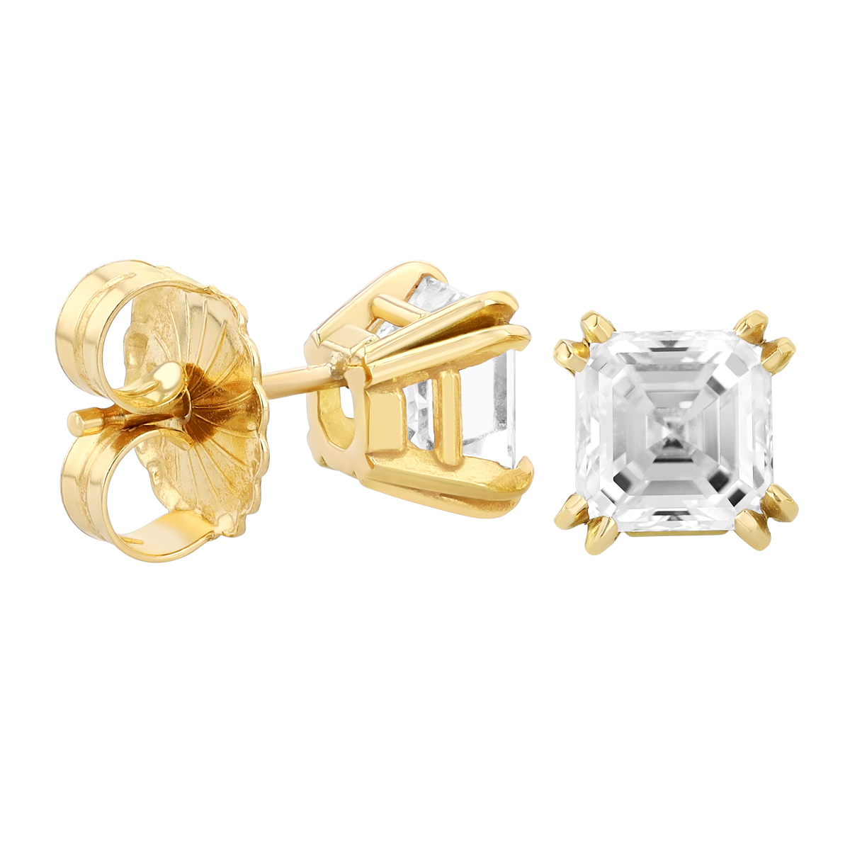 Asscher Cut Diamond Stud Earrings in Yellow Gold, 3.00 cttw