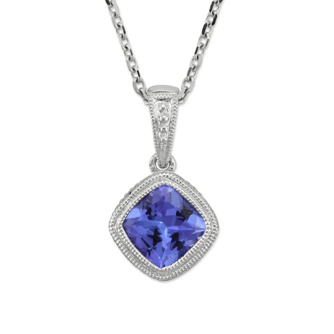 Cushion Tanzanite Milgrain Pendant in White Gold, 18"