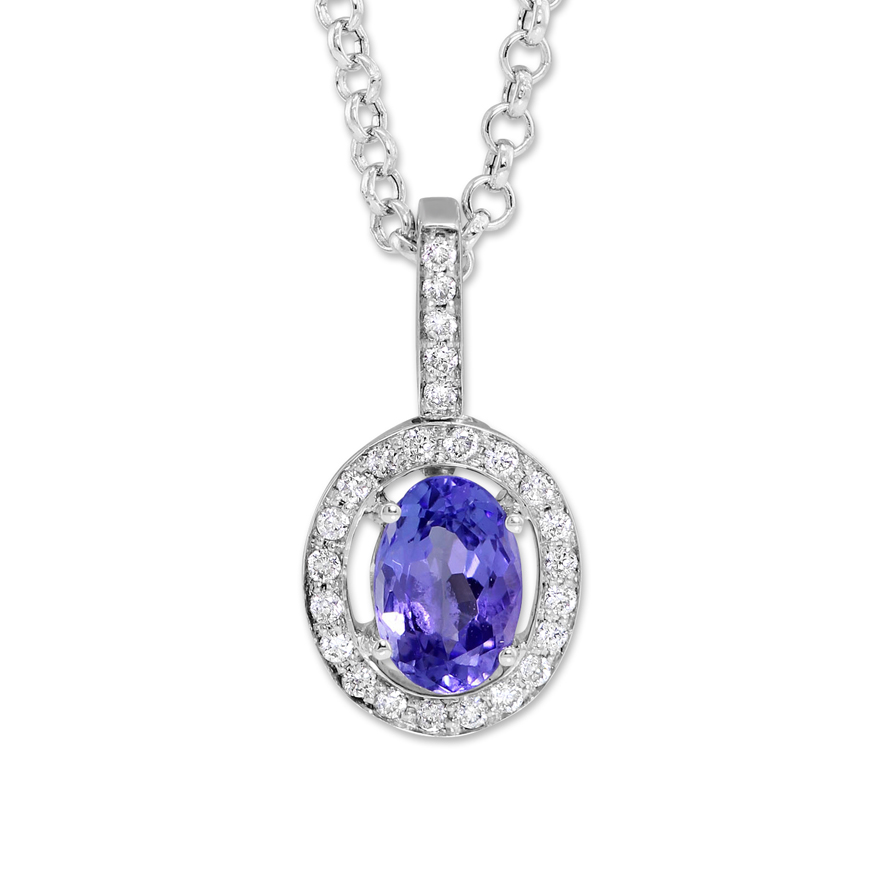14K White Gold Oval Tanzanite & Diamond Pendant, 18