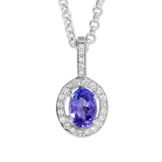 14K White Gold Oval Tanzanite & Diamond Pendant, 18"