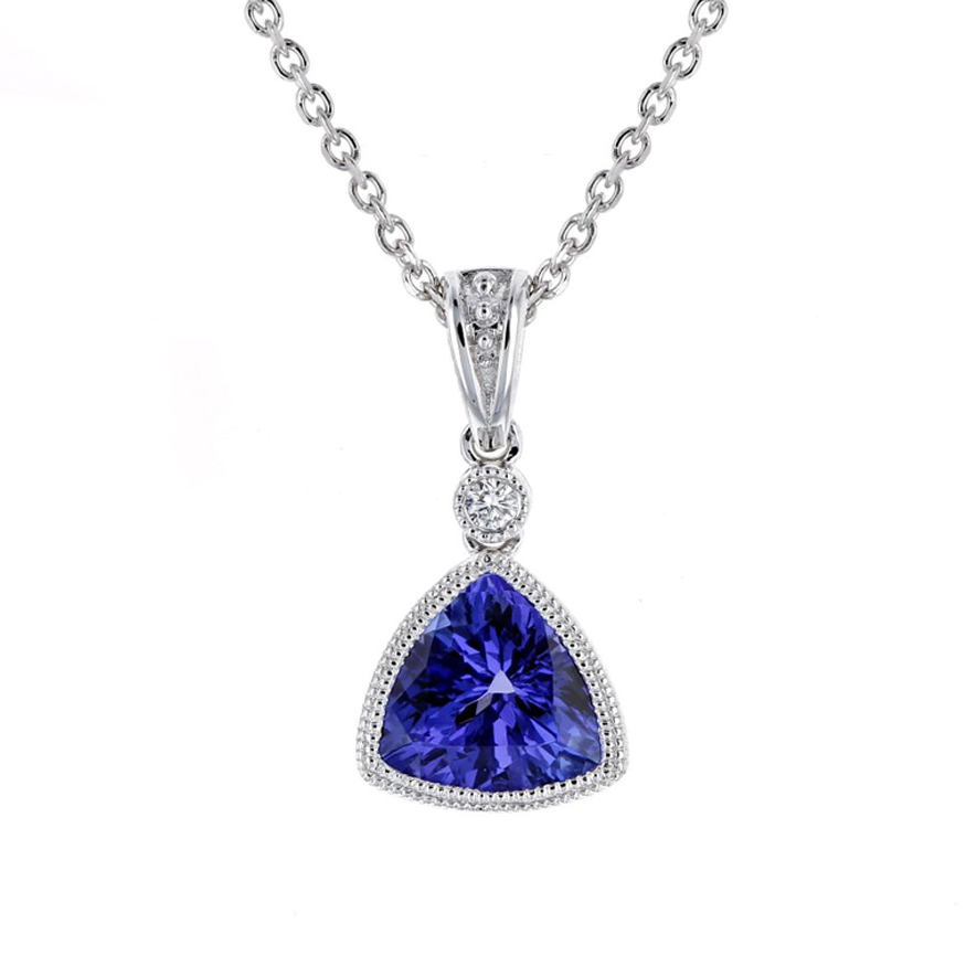 14K White Gold Checkerboard Trillion Tanzanite Diamond Milgrain Bezel 