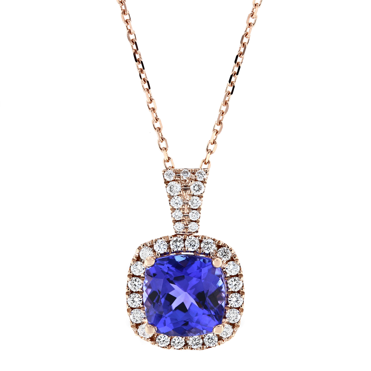 14K Rose Gold Checkerboard Cushion Tanzanite & Diamond Pendant, 18