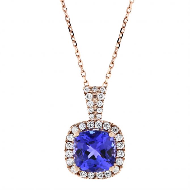 14K Rose Gold Checkerboard Cushion Tanzanite & Diamond Pendant, 18"