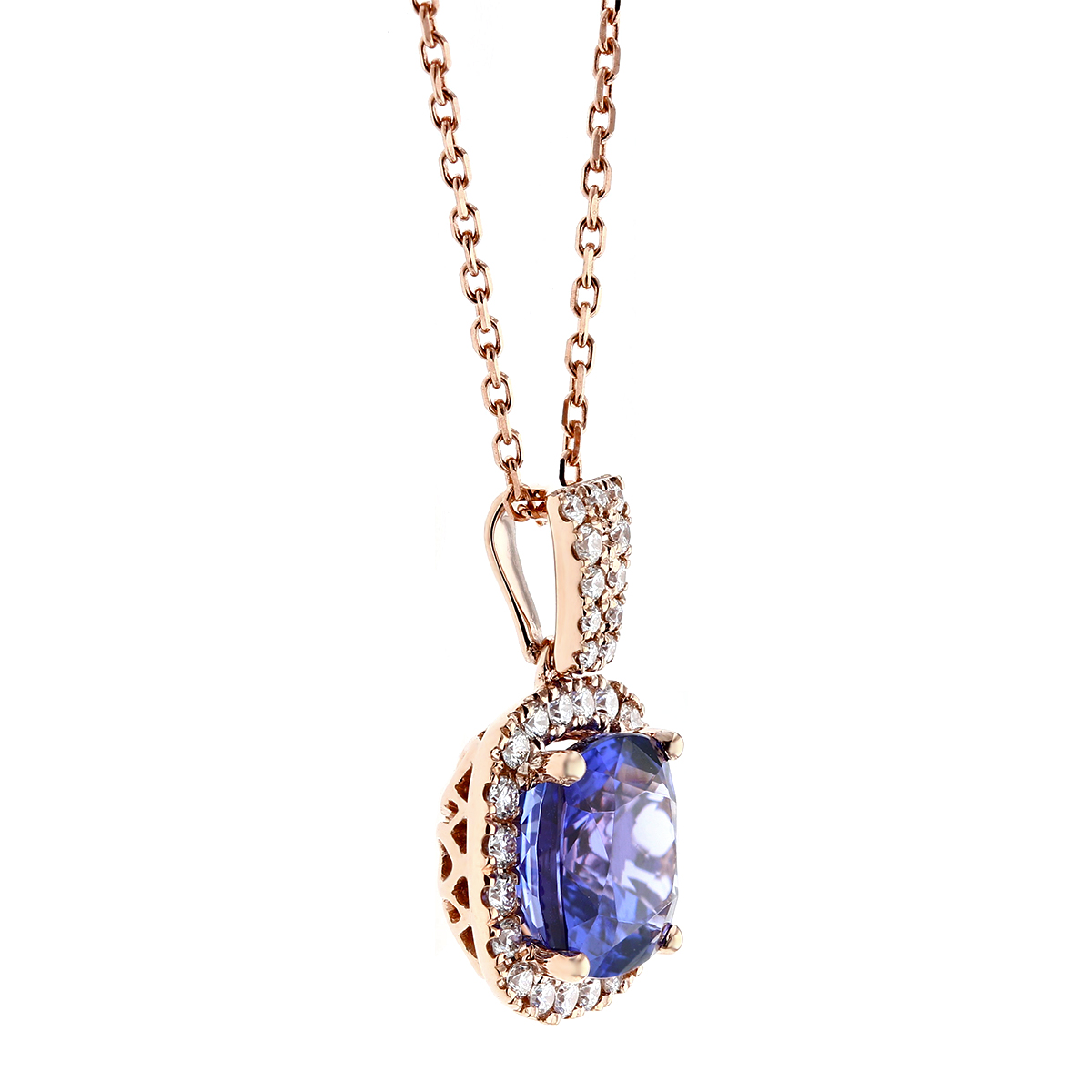 14K Rose Gold Checkerboard Cushion Tanzanite & Diamond Pendant, 18