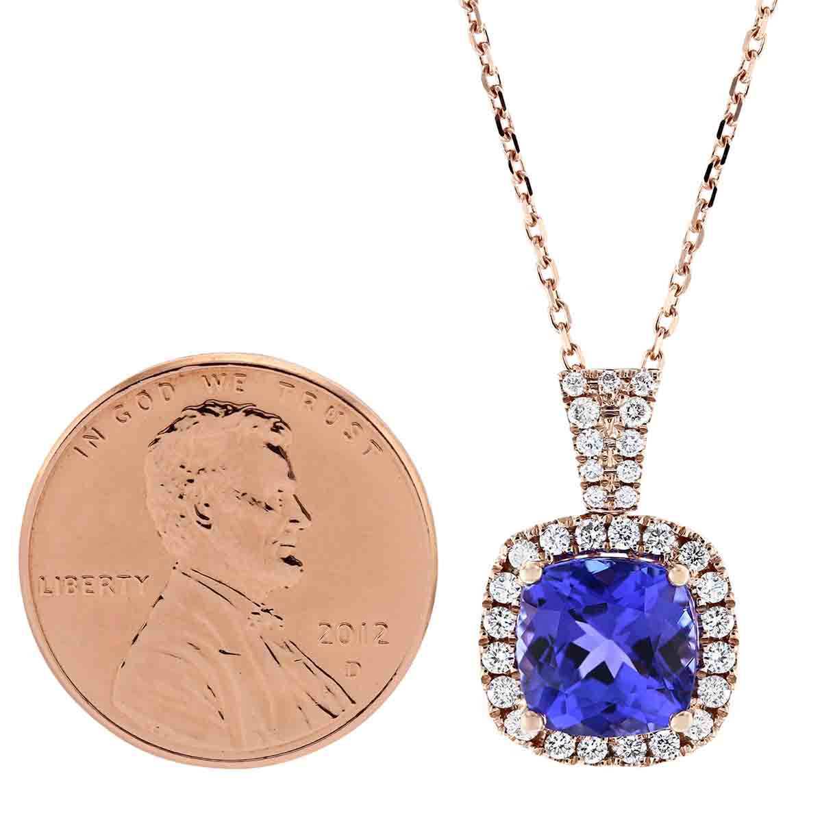 14K Rose Gold Checkerboard Cushion Tanzanite & Diamond Pendant, 18