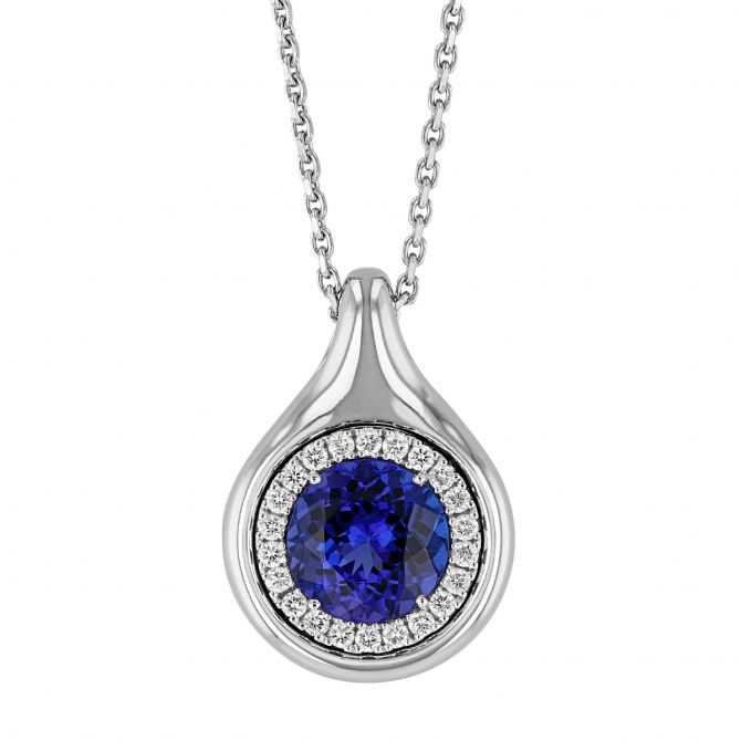 Round Tanzanite & Diamond Halo Teardrop Pendant in White Gold, 16"