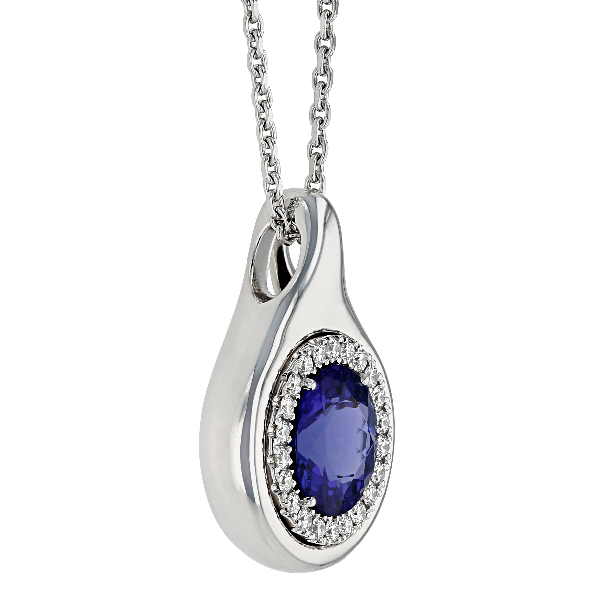 Round Tanzanite & Diamond Halo Teardrop Pendant in White Gold, 16