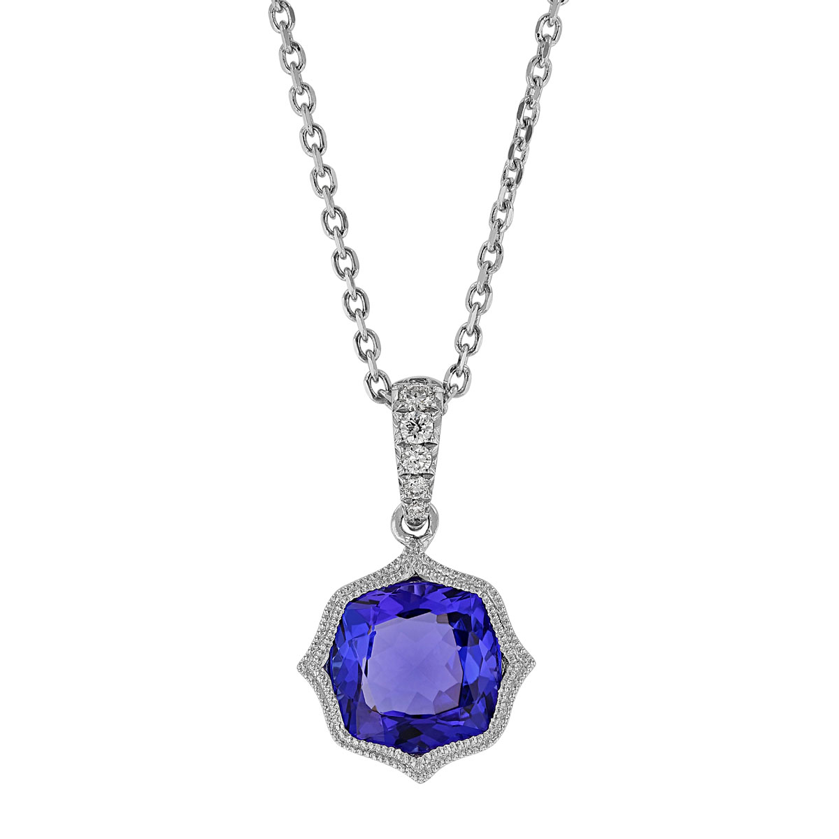Cushion Tanzanite Quatrefoil Pendant with Diamond Bail in White Gold, 18