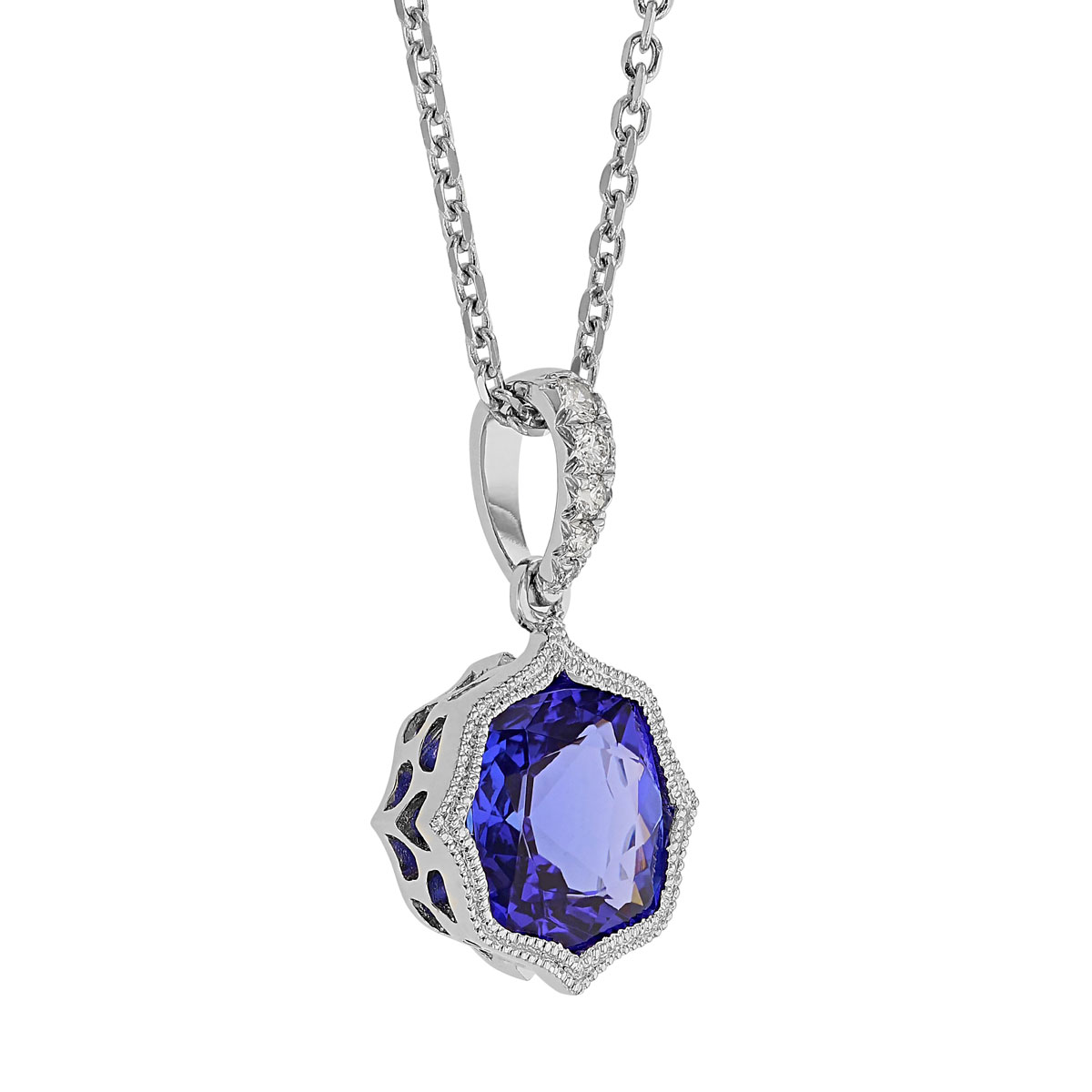 Cushion Tanzanite Quatrefoil Pendant with Diamond Bail in White Gold, 18