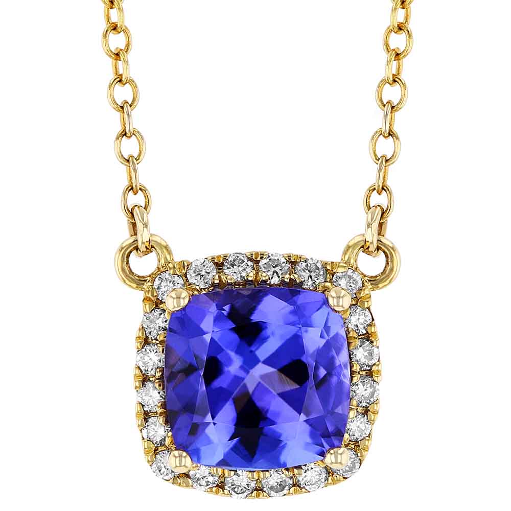 Cushion Tanzanite & Diamond Halo Necklace in Yellow Gold Borsheims