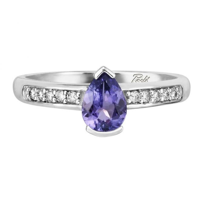 Pear Shaped Tanzanite Half Bezel Ring with Diamond Sides in White Gold