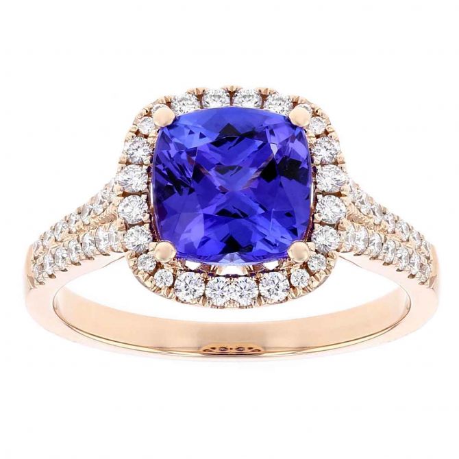 14K Rose Gold Cushion Tanzanite Ring with Diamond Halo & Two Row Shank