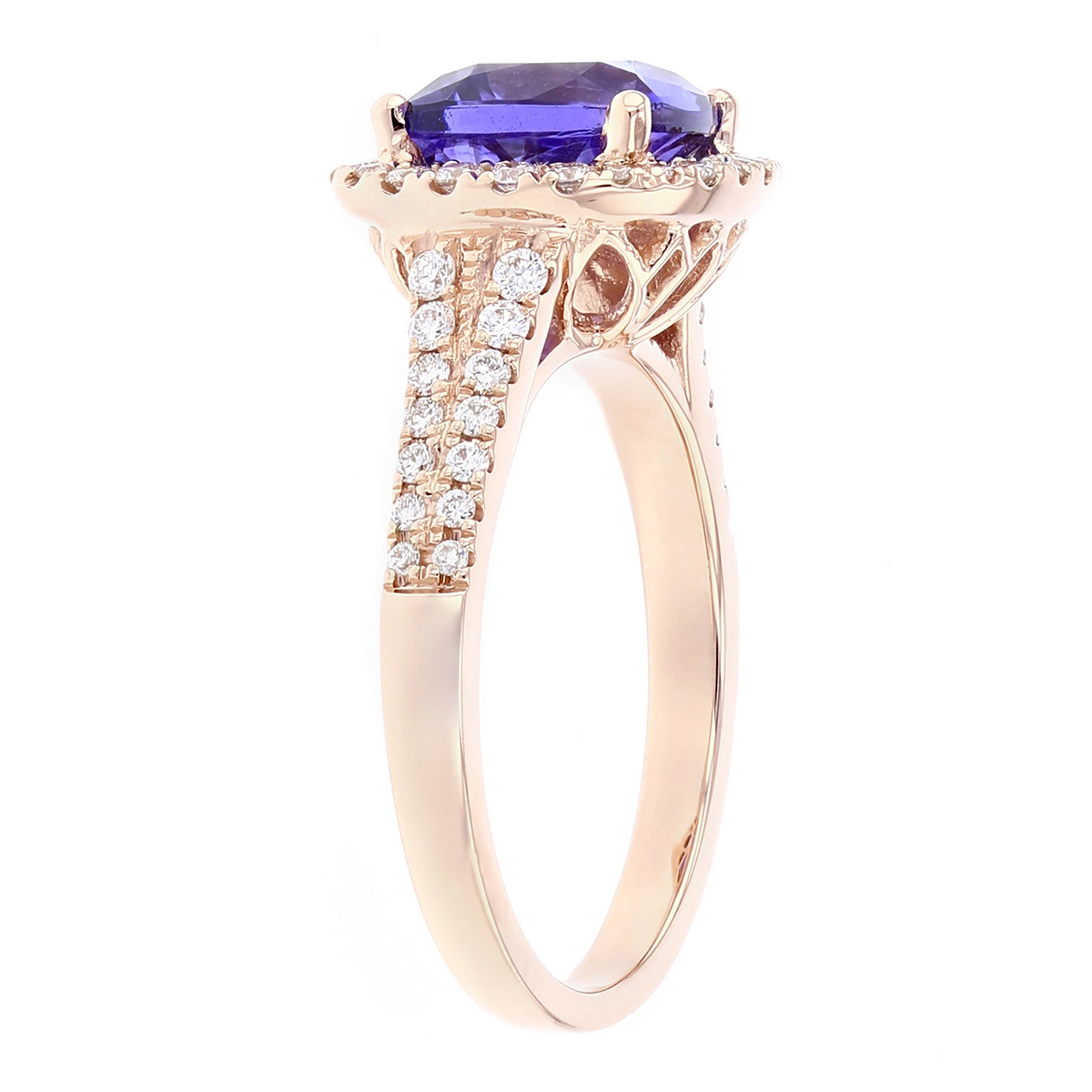 14K Rose Gold Cushion Tanzanite Ring with Diamond Halo & Two Row Shank