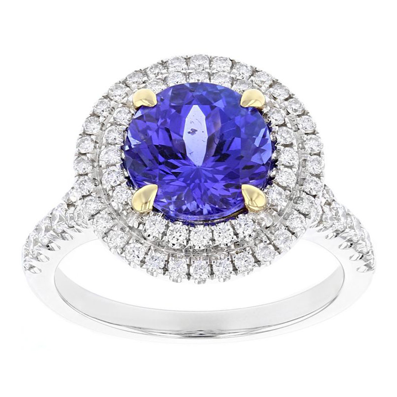 18K White Gold Round Tanzanite Ring with Diamond Double Halo & Shank
