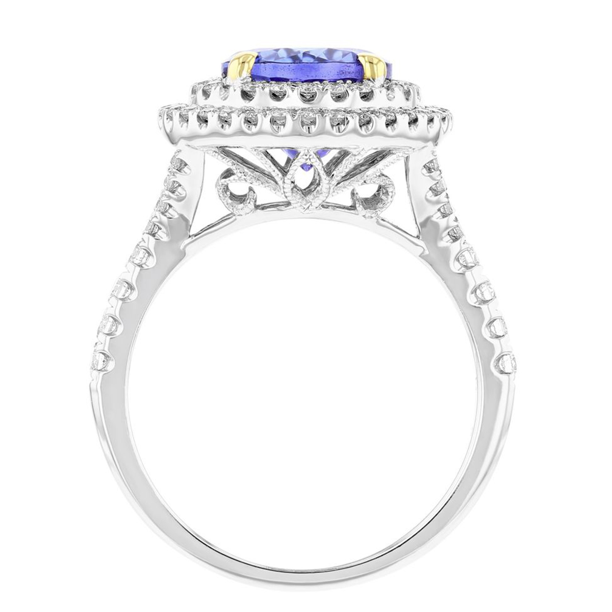 18K White Gold Round Tanzanite Ring with Diamond Double Halo & Shank