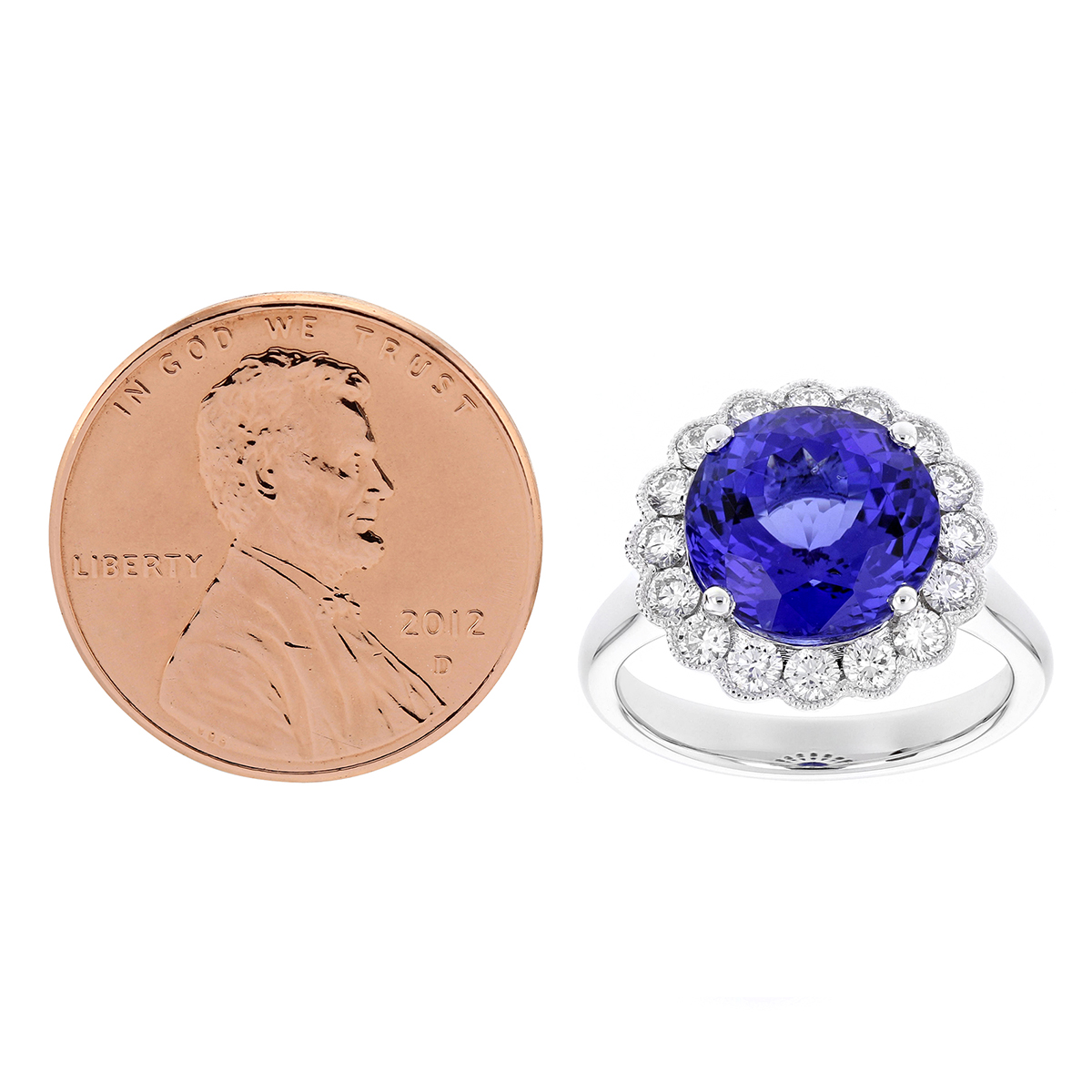 18K White Gold Round Tanzanite & Diamond Milgrain Scalloped Halo Ring