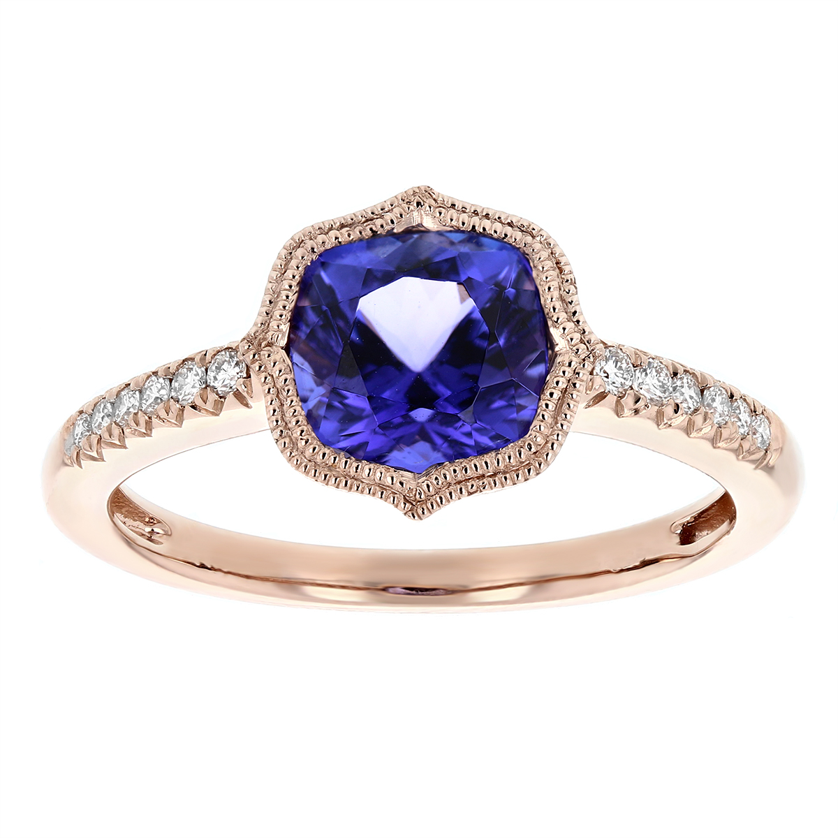 14K Rose Gold Cushion Tanzanite & Diamond Milgrain Quatrefoil Ring