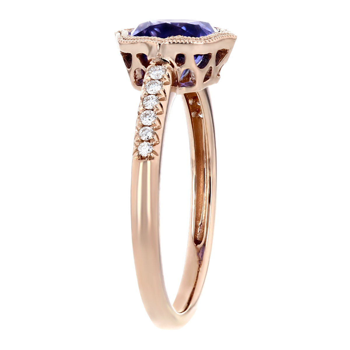 14K Rose Gold Cushion Tanzanite & Diamond Milgrain Quatrefoil Ring