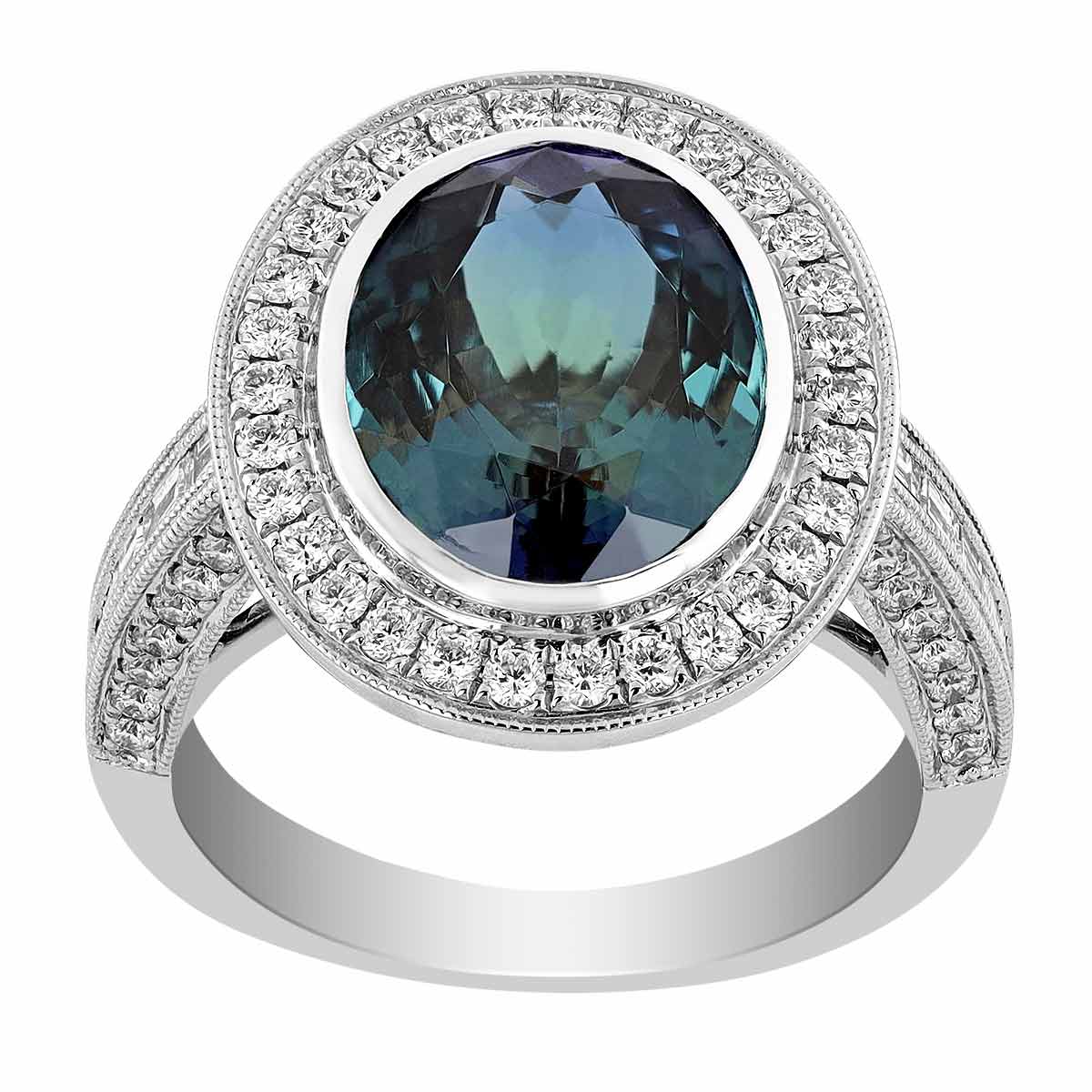 Oval Peacock Tanzanite & Diamond Halo Cocktail Ring in White Gold