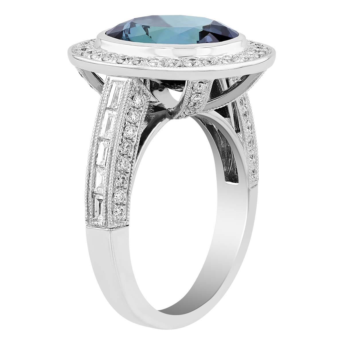 Oval Peacock Tanzanite & Diamond Halo Cocktail Ring in White Gold