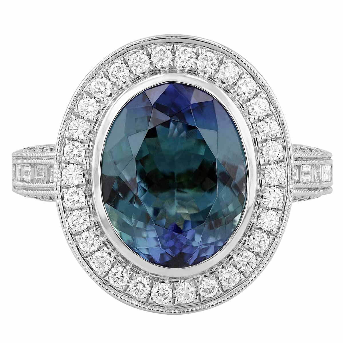 Oval Peacock Tanzanite & Diamond Halo Cocktail Ring in White Gold