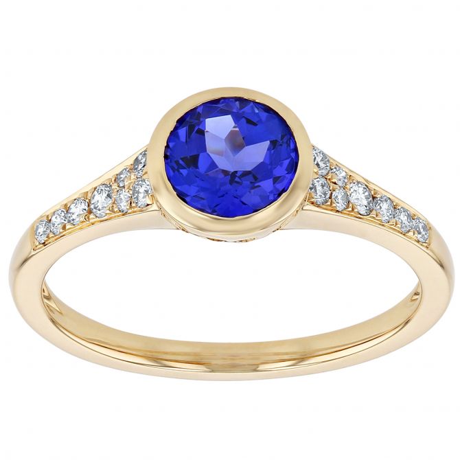 Round Tanzanite Bezel Set Ring with Diamond Pave Tapered Shank in Yellow Gold Borsheims