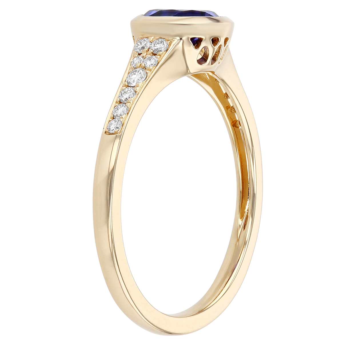 Round Tanzanite Bezel Set Ring with Diamond Pavé Tapered Shank in Yellow Gold