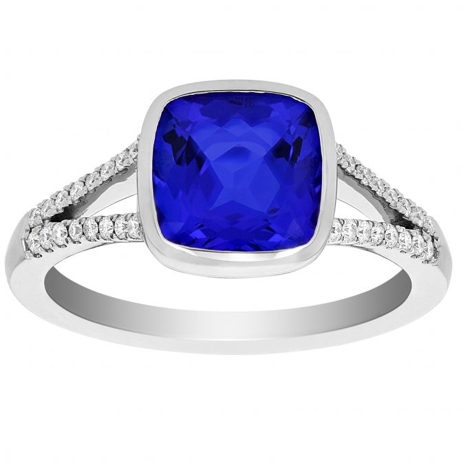 Cushion Tanzanite Round Diamond Split Shank Ring in White Gold