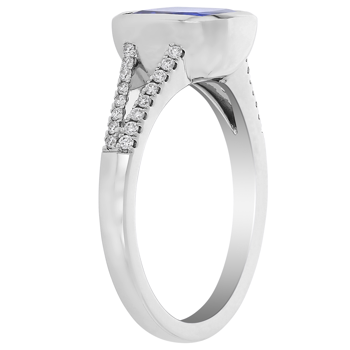 Cushion Tanzanite Round Diamond Split Shank Ring in White Gold