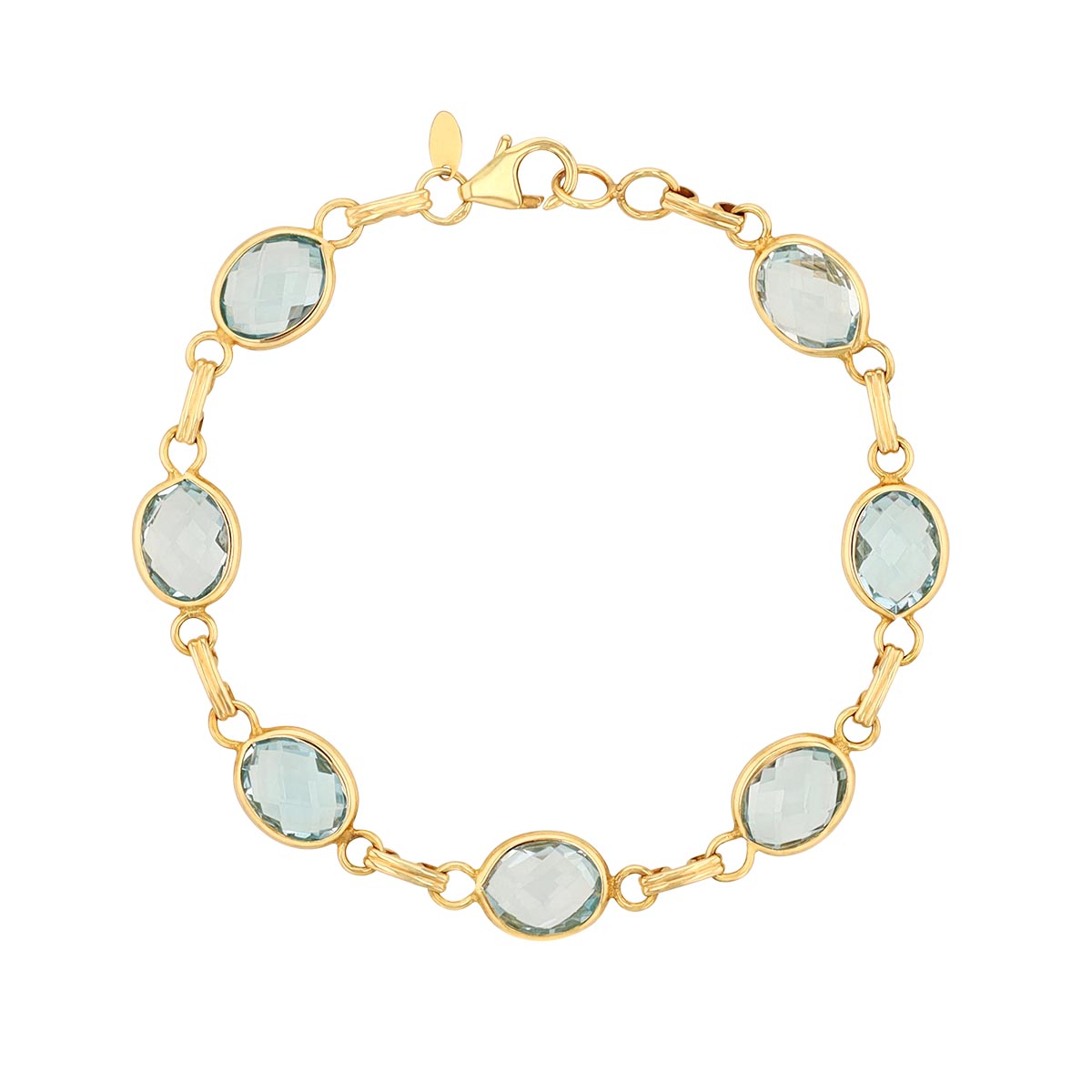 Checkerboard Oval Blue Topaz Bezel Set Link Bracelet in Yellow Gold, 7.5