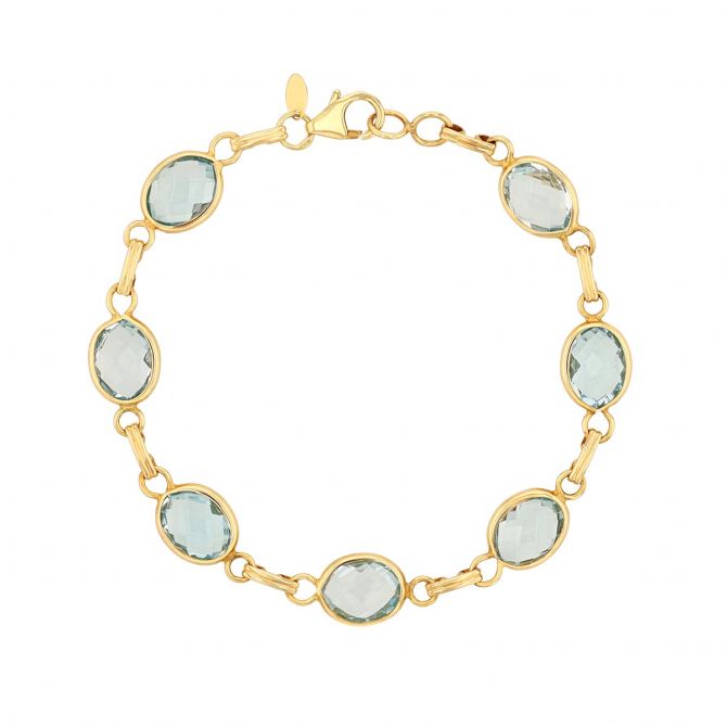 Checkerboard Oval Blue Topaz Bezel Set Link Bracelet in Yellow Gold, 7.5"