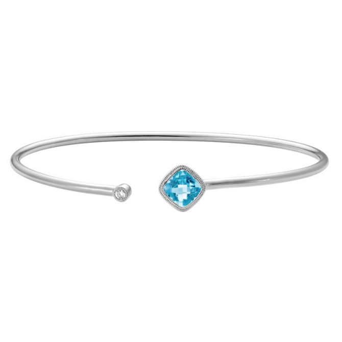 Cushion Blue Topaz Cuff Bangle Bracelet with Diamond Accent in White Gold