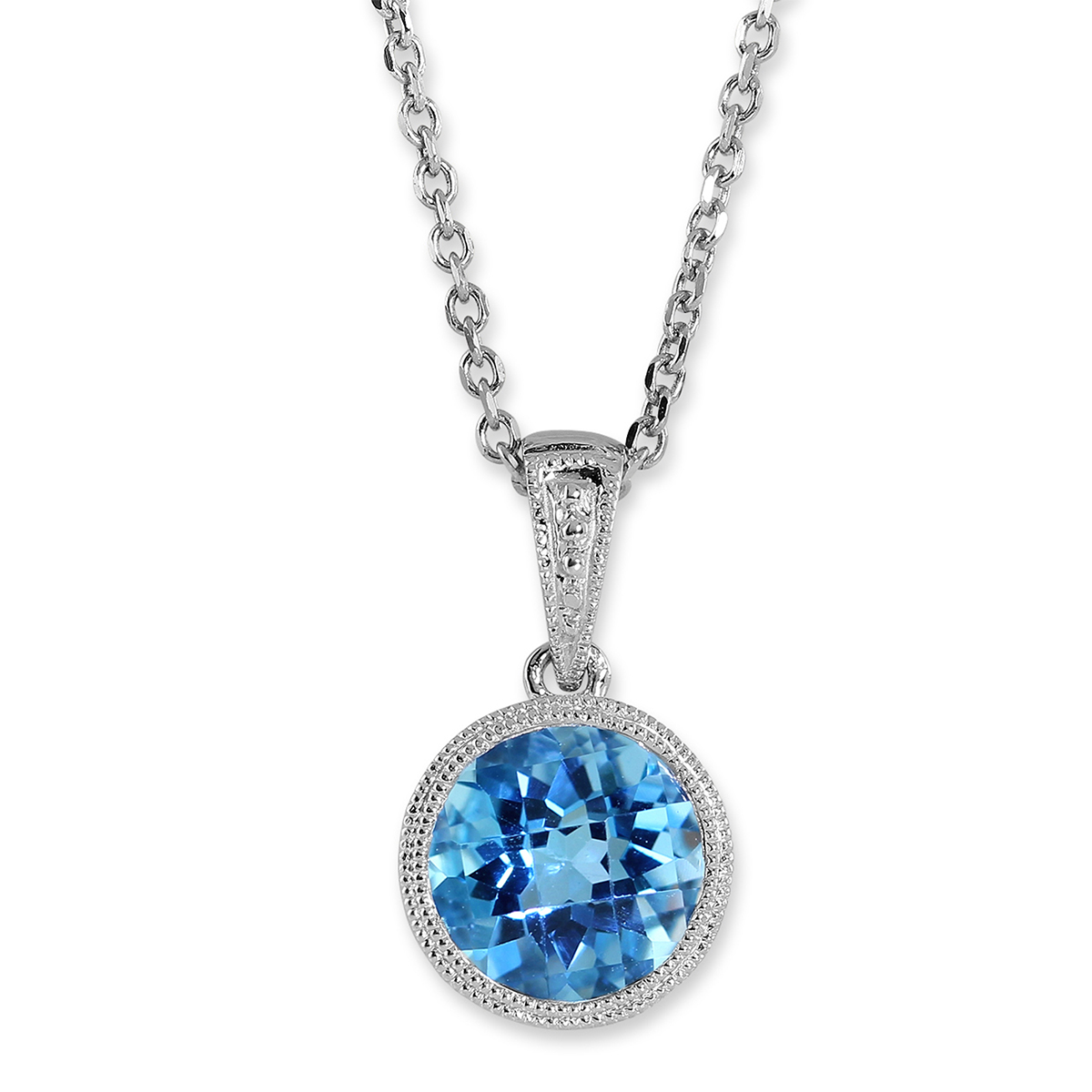 14K White Gold Round Blue Topaz Bezel Set Pendant, 18" Borsheims