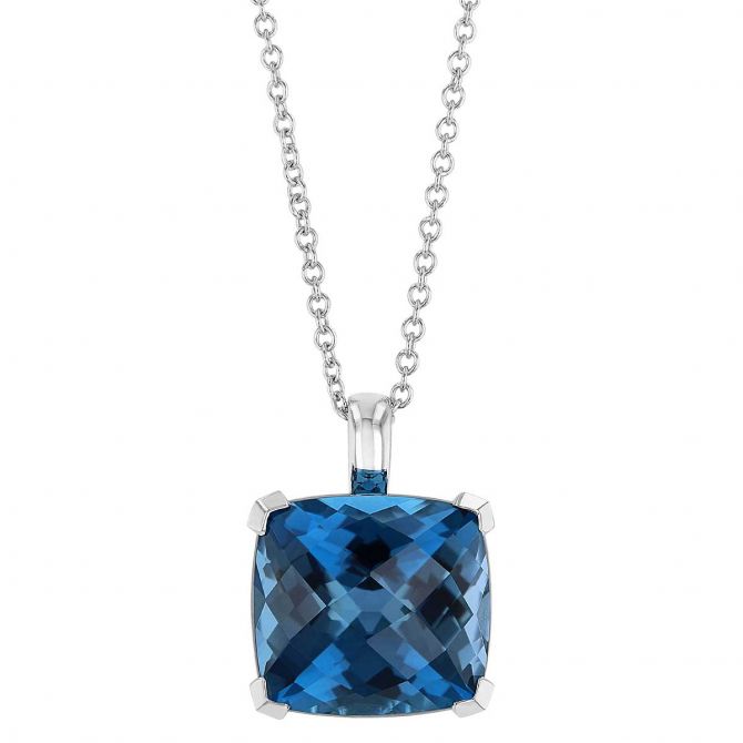 Cushion Blue Topaz Pendant in White Gold