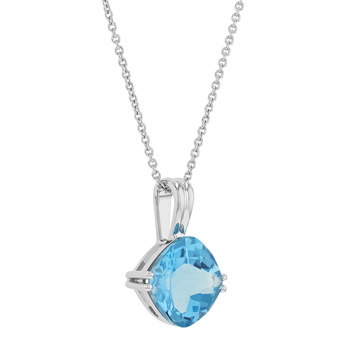 14K White Gold Checkerboard Cushion Blue Topaz Pendant, 18
