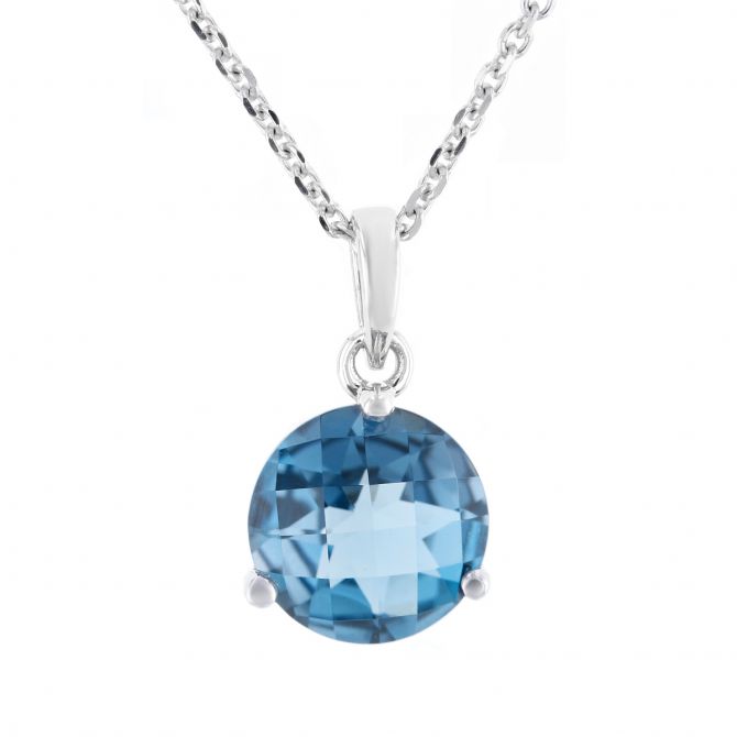 14K White Gold Round Checkerboard Blue Topaz Pendant, 18"