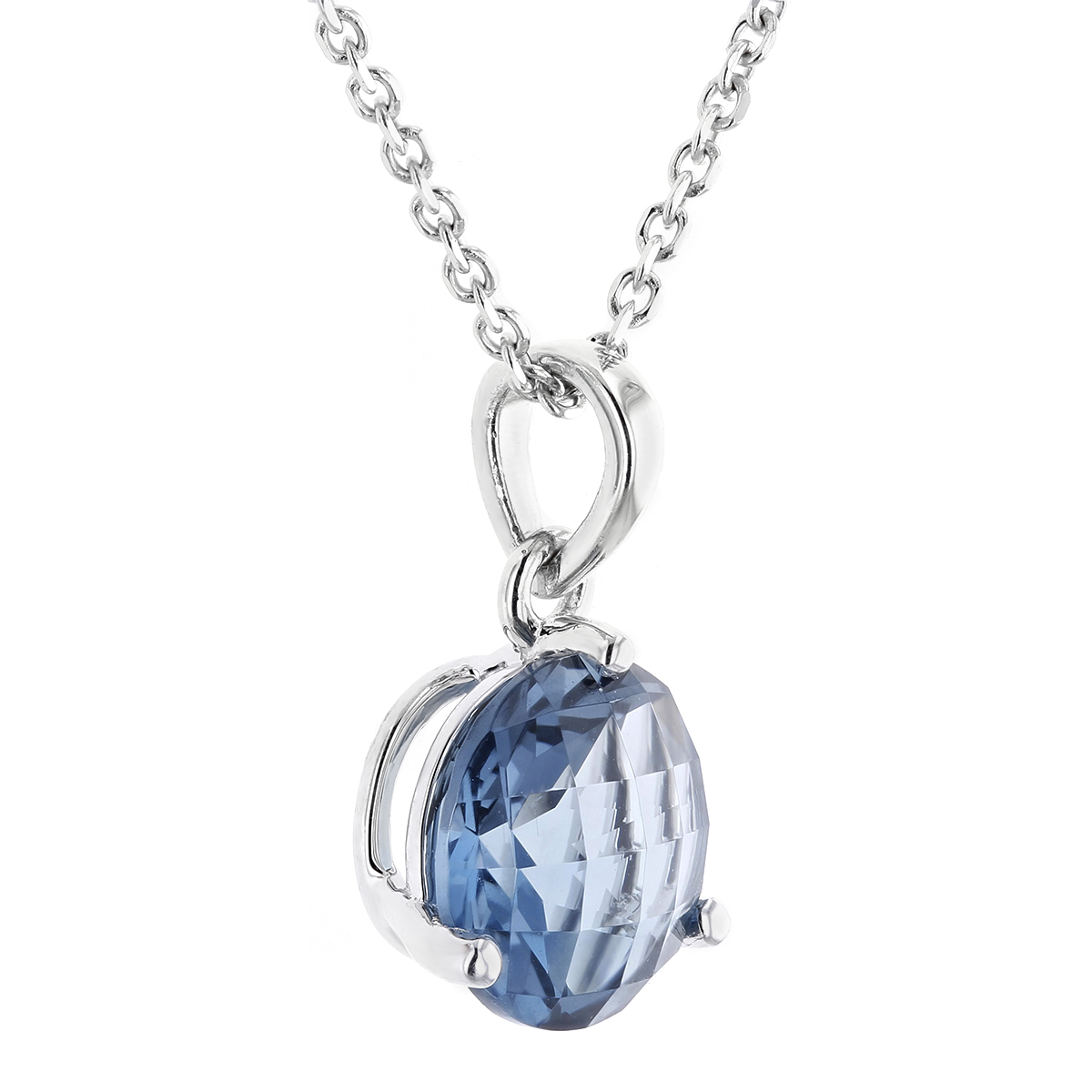 14K White Gold Round Checkerboard Blue Topaz Pendant, 18