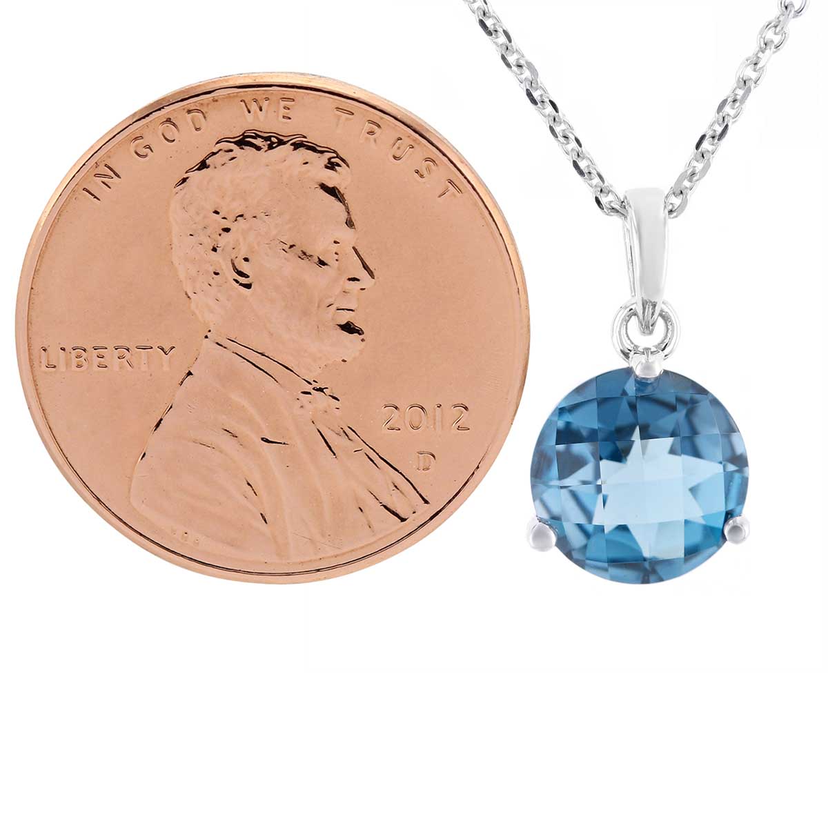 14K White Gold Round Checkerboard Blue Topaz Pendant, 18