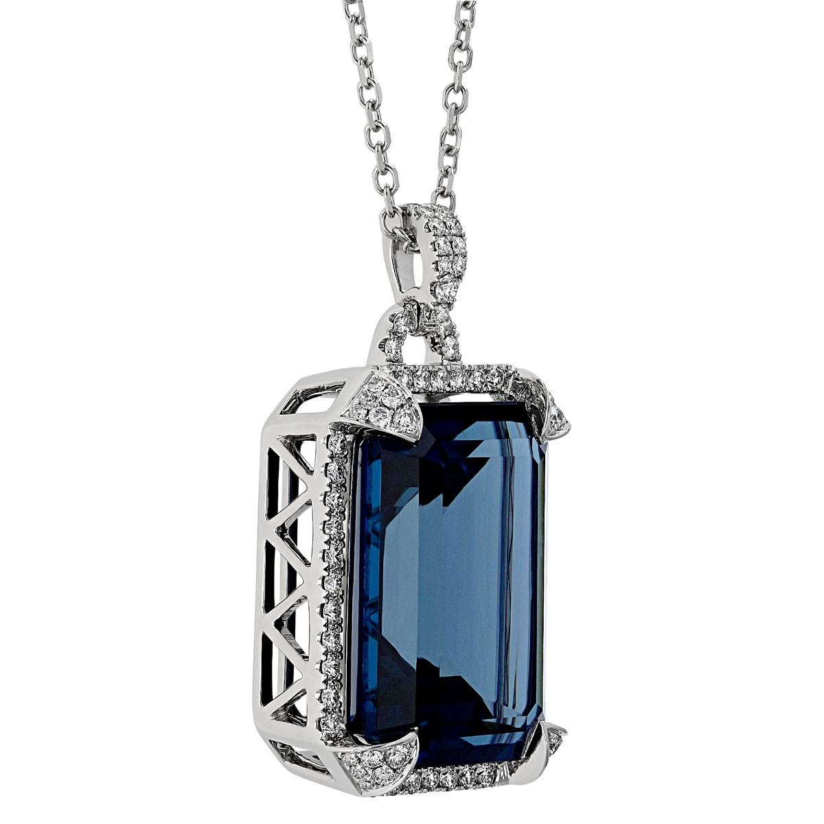 Emerald Cut Blue Topaz  & Diamond Frame Pendant in White Gold, 16