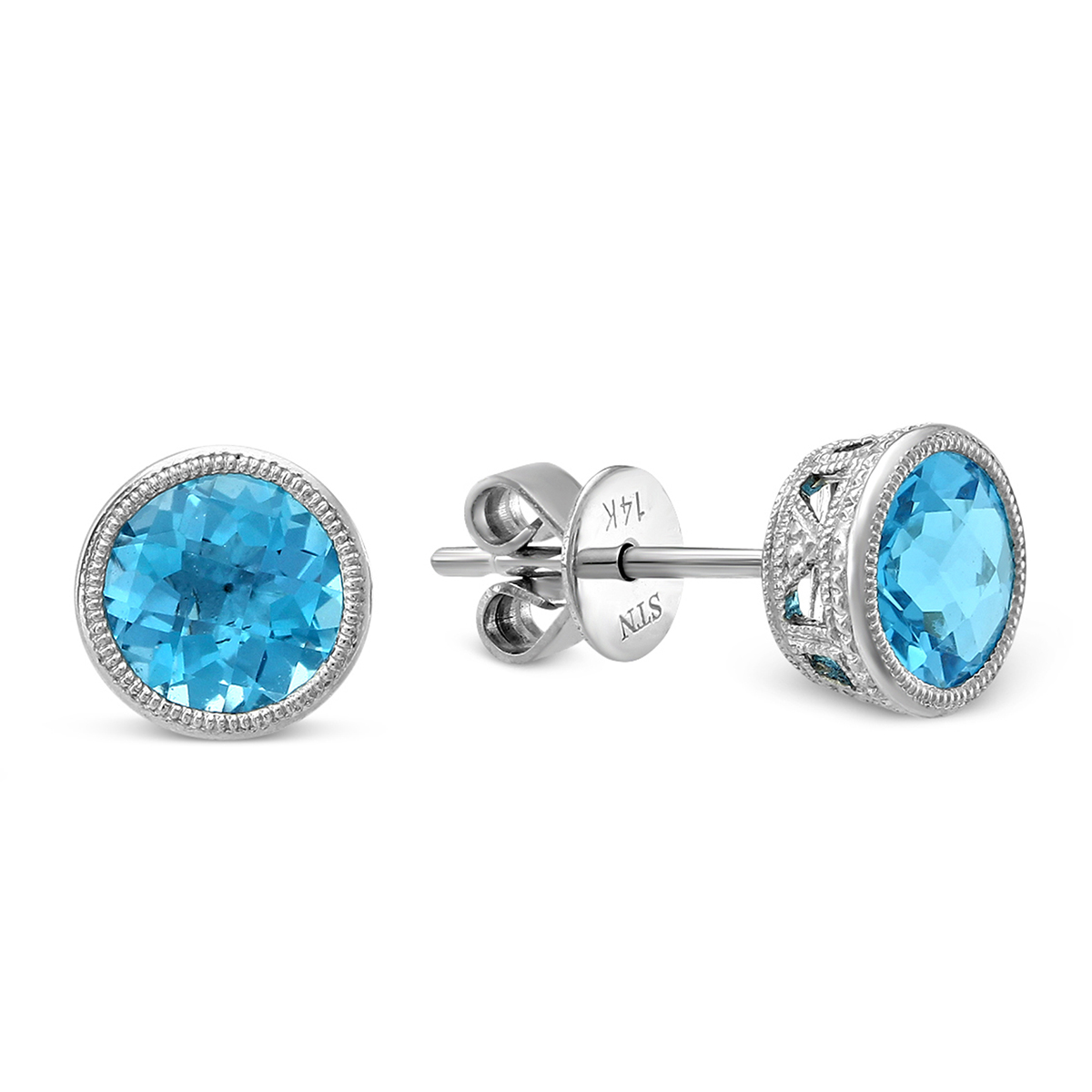 14K White Gold Round Checkerboard Blue Topaz Earrings