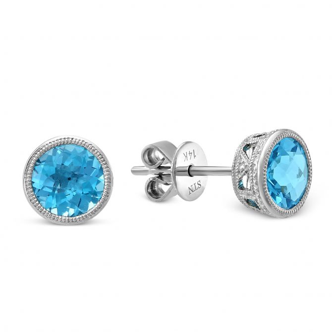 14K White Gold Round Checkerboard Blue Topaz Earrings