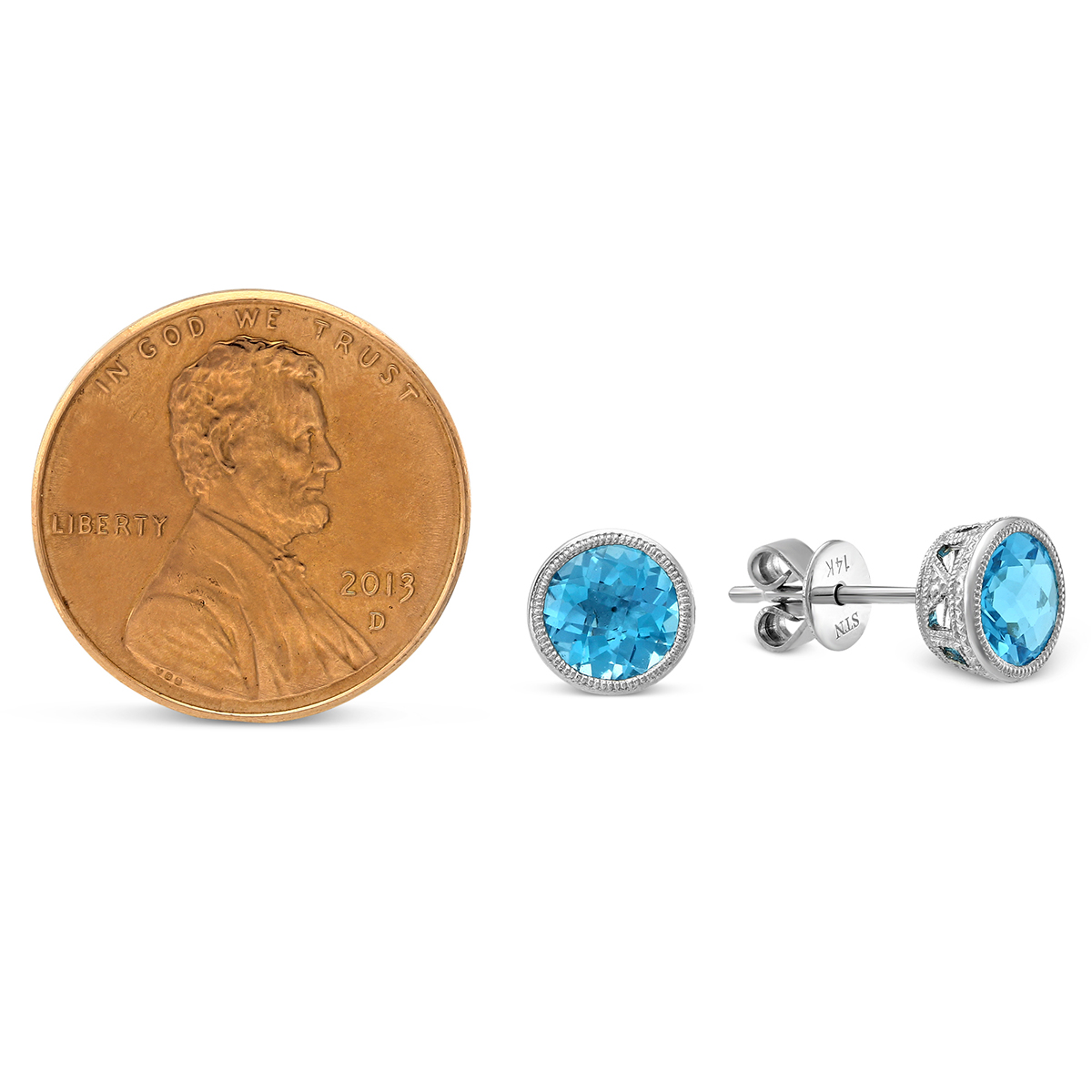 14K White Gold Round Checkerboard Blue Topaz Earrings