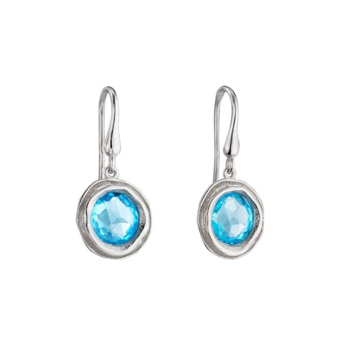 14K White Gold Round Checkerboard Blue Topaz Drop Earrings