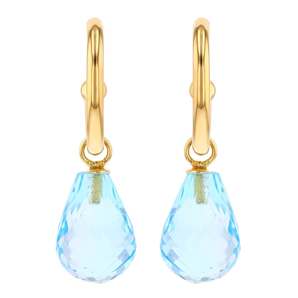 Topaz Checkerboard Briolette Dangle Hoop Earrings in Yellow Gold