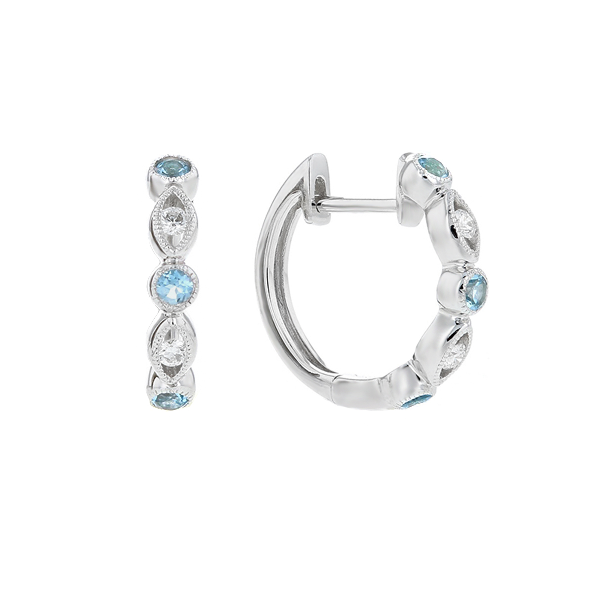 14K White Gold Blue Topaz & Diamond Navette Station Hoop Earrings