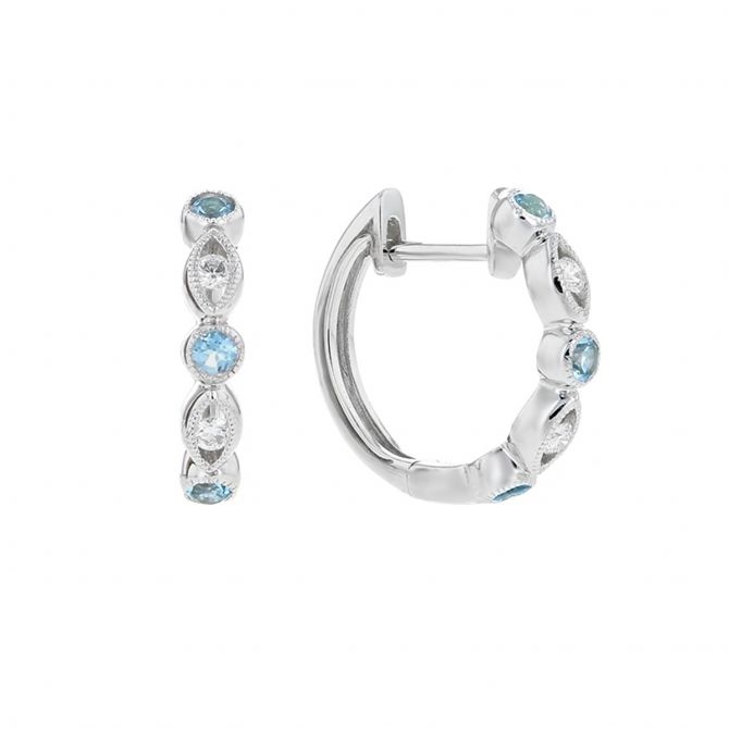 14K White Gold Blue Topaz & Diamond Navette Station Hoop Earrings