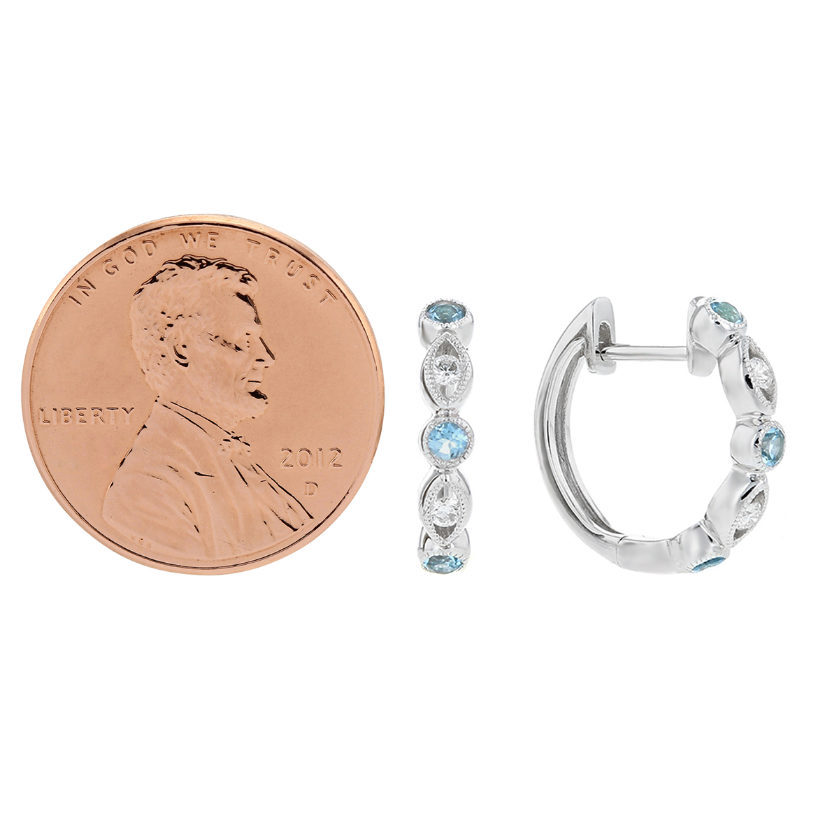 14K White Gold Blue Topaz & Diamond Navette Station Hoop Earrings