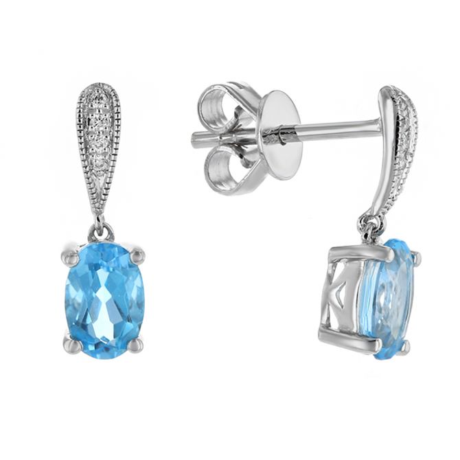 14K White Gold Oval Blue Topaz & Diamond Milgrain Drop Earrings